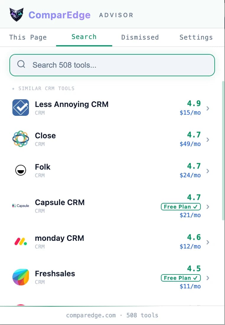 ComparEdge Advisor search tab showing 495+ tools in light mode
