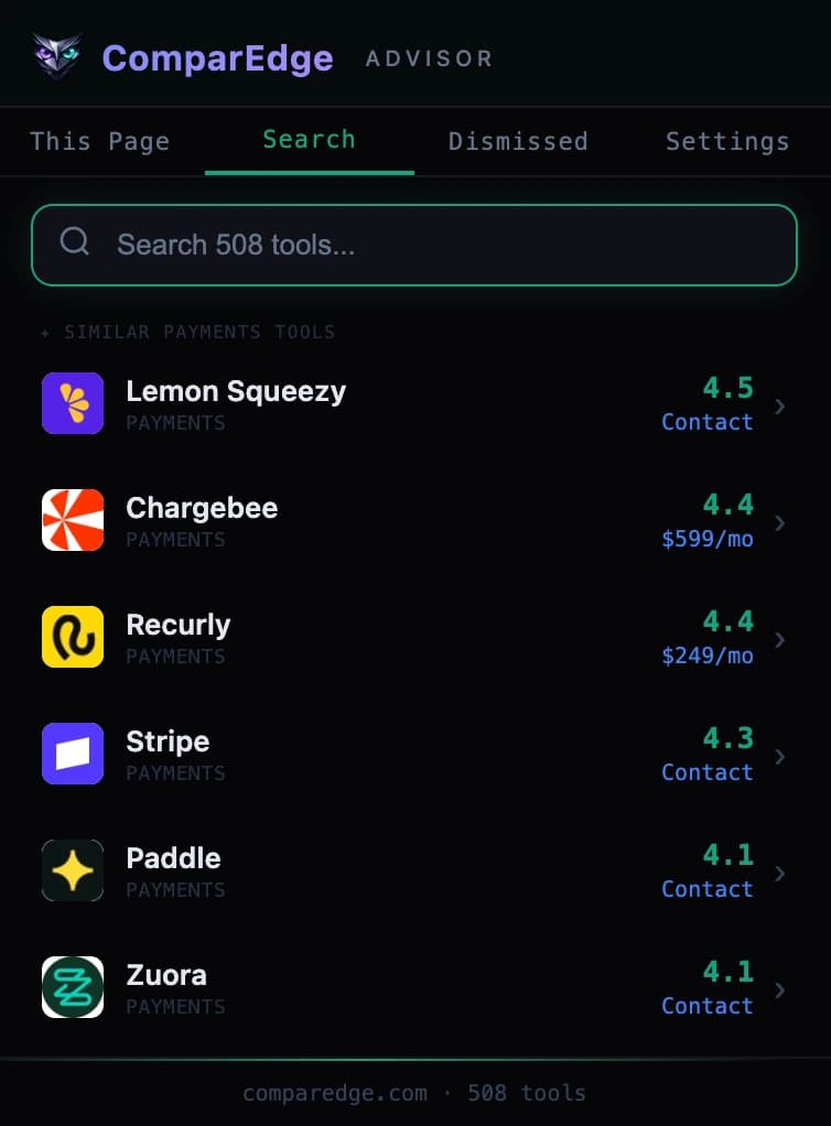 ComparEdge Advisor search tab showing 495+ tools in dark mode