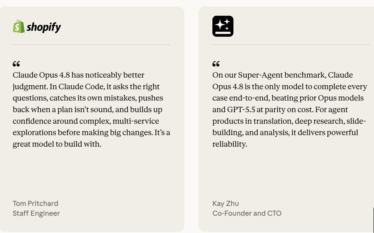 Testimonials from Shopify and production teams on Claude Opus 4.8 judgment and agent reliability