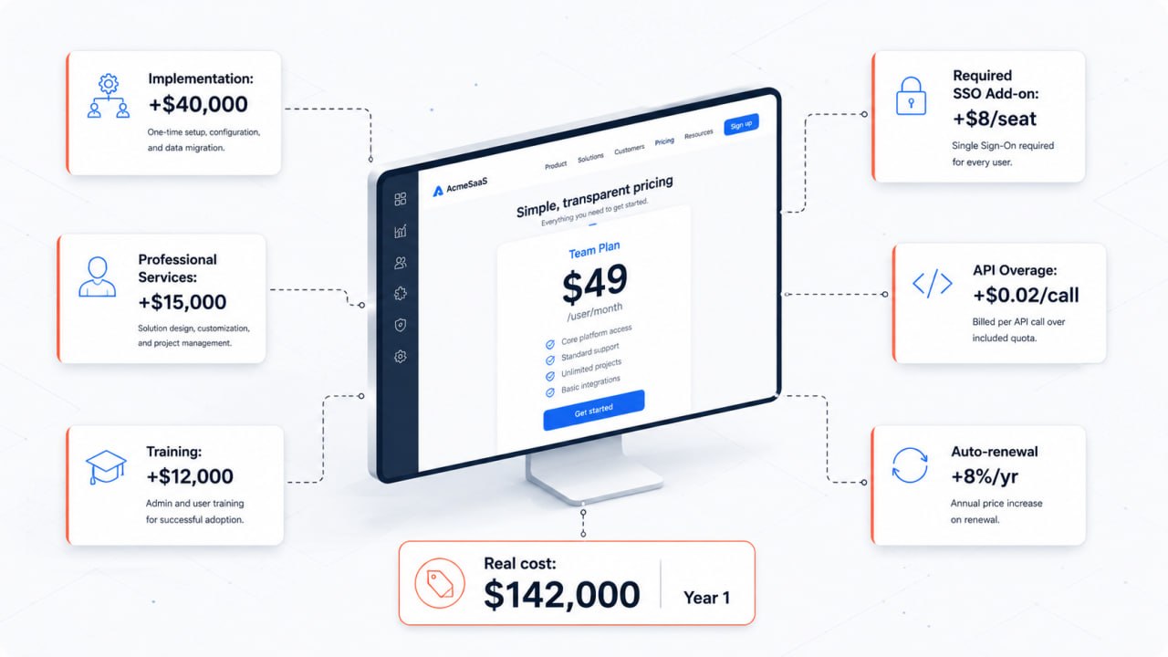 Hidden costs behind a simple SaaS pricing page: $49/user becomes $142,000 in Year 1